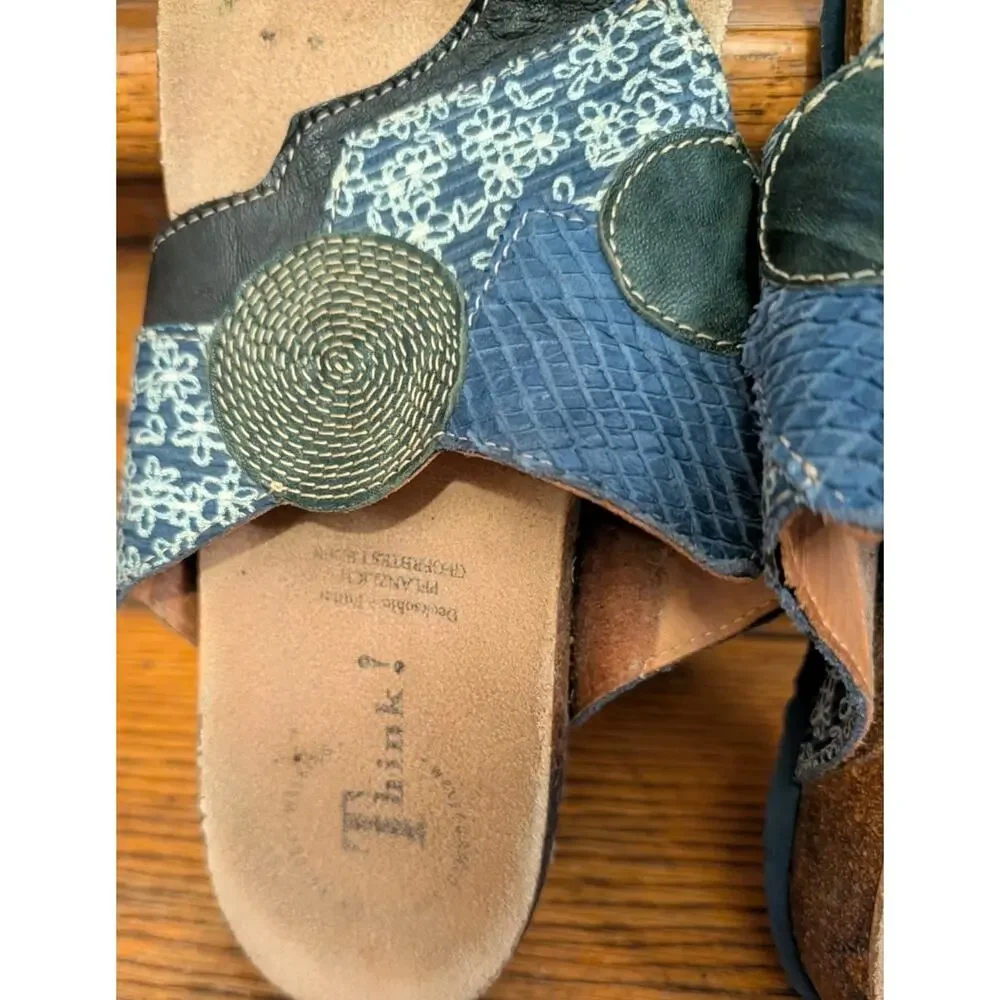 Think! Mizzi Cork Foot bed Blue Leather Sandals Women's Shoes 9-9.5, 40